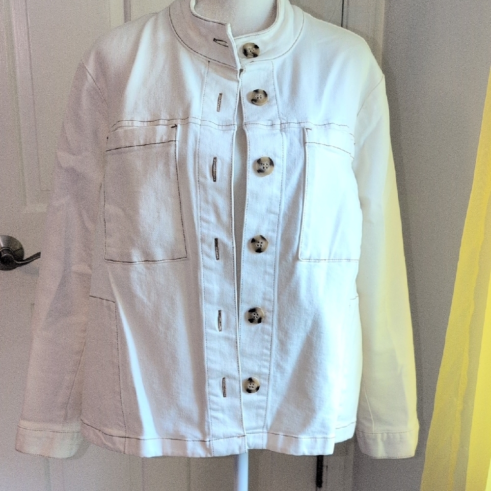 J.Jill Off-White Utility Jacket w/Mandarin Collar, And Brown Stitching.